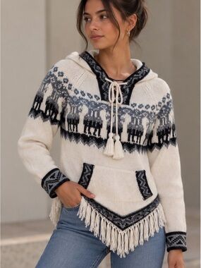 White & Black Hooded Fringe Sweater with Nordic Pattern
